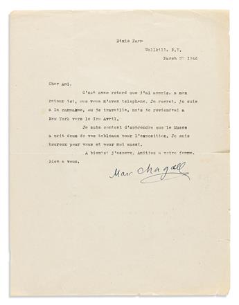 CHAGALL, MARC. Archive of 15 letters and notes, each Signed Marc Chagall or Chagall, to collector Adolphe A. Juviler or his wife, i